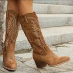 Embroidered Cowboy Boots Pointed Toe Mid Heel Western Boots With Zipper Size 10 Brown Photo 0