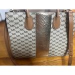 Michael Kors MK Logo Print Eva large Satchel Bag Gold Snake Accent Photo 2