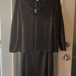 Dressbarn Women’s Skirt Suit Feather Collar 14/16 Jacket 18/ 20 Skirt Metallic Brown Photo 0