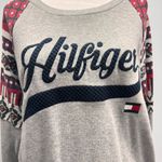 Tommy Hilfiger Gray Crewneck Sweatshirt Red Print Sleeves Navy Stitched Logo Photo 1