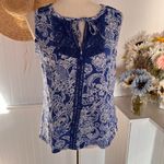 Rafaella Blue Sleeveless Floral Split Neckline Top W/ Lace Photo 2
