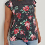Torrid  Textured Floral Crew Neck Lace Pieced Tie Back Top Grey Pink 1X‎ Photo 0