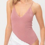 Love Tree Ribbed Bodysuit V-Neck Crisscross Tie Back Sleeveless Mauve Bodysuit Photo 0