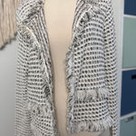 Chico's  Women's Cream Woven Tweed Drape Front Open Cardigan Sweater Fringe 2/L Photo 0