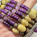 Vintage Purple Yellow Wood & Glass Beaded Stretch Bracelet Silver Tone Metal Photo 6