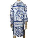 Joie  Women’s L Blue White Linen Batik Printed Button Up Roll Sleeve Shirt Dress Photo 3
