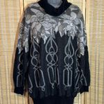 Top Notch 1980s Tunic Length Gray Floral Geometric Print Cowl Neck Sweater 1X Black Photo 0