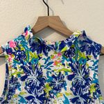Beach Time Size S Vibrant Multicolor Abstract Floral Print Ruffle Split Neck Top Blue Photo 4