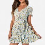 Lulus  Feeling Butterflies Light Blue Floral Tiered Ruffle Mini Dress Cottage Sm Photo 2