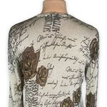 Vintage 90s Cardigan Sweater Fitted Knit Oatmeal Gold Metallic Dark Floral Size L Photo 4