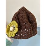 Handmade Crochet Beanie - Brown Wool with Green Flower boho granola grunge fairy Photo 4