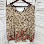 Blu Pepper  Leopard Roses Print Sheer Blouse Small Beige Red Back Cutout Photo 6