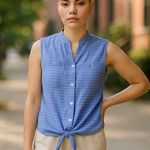 Anne Klein  Denim Blue & White Stripe Sleeveless Tie Front Blouse Top ~ Womens S Photo 0
