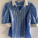 Gretchen Scott Top Womens Medium Blue White Ric Rac Scalloped Preppy Resort Photo 0