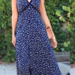 Anthropologie Tallulah Wide-Leg Jumpsuit 4 Petite Navy Blue Polka Dot Romper Photo 0