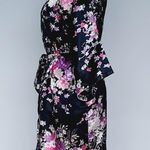 Silky Satin Robe Floral Pattern Kimono Short Black Size Small Photo 2