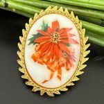 Vintage DODDS Signed Ceramic Christmas Poinsettia Flower Cameo Brooch 21g. Orange Photo 0