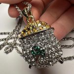 Lucky Pot Of Gold Green Clover Rhinestone Silver Tone Necklace St Patrick’s Day Photo 8