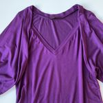 KLD Signature  V Neck Drape Shoulder Puff Sleeve Loose Fit Mini Dress Purple L Photo 3