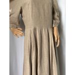Retro Linen Midi Dress with Floral Appliqué and Puff Sleeve Detail Medium Tan Photo 8