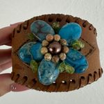 Vintage Light Brown Leather Artisan Turquoise Stone Beaded Flower Boho Bracelet Multiple Photo 3