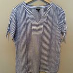 Talbots  Linen Slit Tie Short Sleeve Notch Neck Blouse Top Size XL Blue White Photo 0