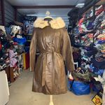 Vtg 80s Brown Leather Suede Long Coat Faux Fur Collar Tie Belt Sz Medium / Large Photo 2