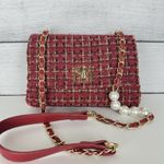 Badgley Mischka Badgley‎ Mischka Woven Tweed Messenger Bag Gold Red Coquette Pearls Chain Photo 1