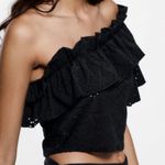 ZARA One Shoulder Eyelet Ruffle Top Black Large Stretchy Photo 2