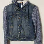 Free People  Knit Hooded Denim Jacket Distressed Hood Button Down XS Photo 5