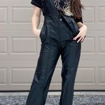 ZARA Black Vegan Leather Rocker Chick Grunge Overall Jumpsuit Medium Photo 2