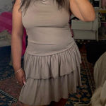 Brown mini dress bubble style layered skirt mock neck fall style short neutral dress Size L Photo 0