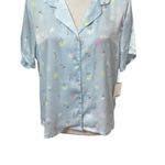Abound  Satin Pajama Shirt Button-up Front Breathable Floral Pattern Blue M NEW Photo 2