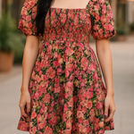 Very J  Floral Print Mini Dress Square Neck Puff Sleeve‎ Smocked Pink Women's Sm Photo 0