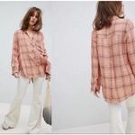Free People  Shirt Womens Small Peach 100% Linen No Limits Plaid Button Down Top Photo 1