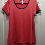 LuLaRoe  NWT Size XS Classic Tee Coral Short Sleeves Navy Blue Trim High Low Top Photo 0
