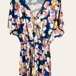 Yumi Kim Navy Blue Floral Print V-Neck Dolman Short Sleeve Romper Size XS Photo 0