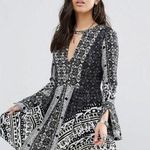 Free People Tegan Border Print Mini Dress Long Bell Sleeves Cutout V-Neck A-Line Photo 0