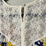 Kori  AMERICA size small mustard blue floral cold shoulder top lace detail button Photo 4