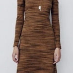 ZARA  Brown Knit Cold Shoulder Long Sleeve Midi Dress Size S New NWT Ribbed Photo 0