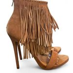 ALDO Women’s Size 6.5 Fringe Suede Stiletto Heels Sandals Tan Boho Festival Photo 1