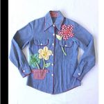 Vintage Size 10 70s Daisy Appliqué Chambray Shirt Embroidered 3D Flowers Button Blue Photo 1