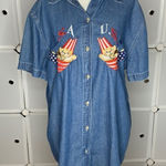Vintage Cat & USA Embroidered Denim Shirt Size Large Blue Photo 0