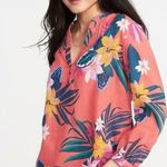 Old Navy Women Relaxed Tie-Cuff Linen-Blend Floral Tropical Top Blouse XL Coral Photo 0