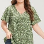 Bloomchic  Ditsy Floral Ruffle Sleeve Button Detail Blouse Green White 12 Photo 0