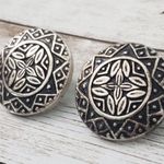 Vintage Clip On Earrings Silver Tone & Dark Gray Patterned Circle Large Photo 1