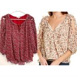 Max Studio  Georgette Elbow Sleeve Cold Shoulder Blouse Red White Floral Boho Top Photo 1