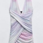 ZARA NWT DRAPED PRINTED TULLE halter deep V-neckline Ruched mini DRESS XL Photo 0