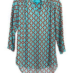 Escapada  Top Womens Teal Blue Orange Print 3/4 Sleeve Boho Resort‎ Size Small Photo 0