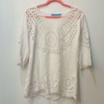 Solitaire  Swim Embroidered Cut Tunic Blouse Sz SMALL 3/4 Sleeve Round Photo 0